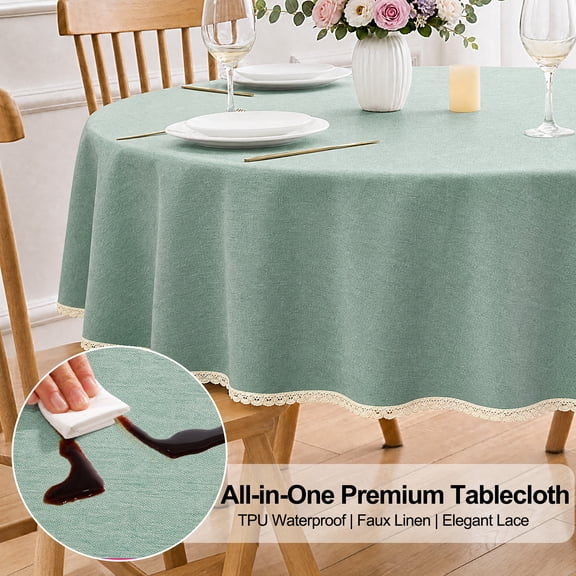 Inosoo TPU Waterproof Lace Tablecloth Round 48 Inch, Thick & Soft Oil Proof Wipe Clean Linen Table Cloth, lakeblue