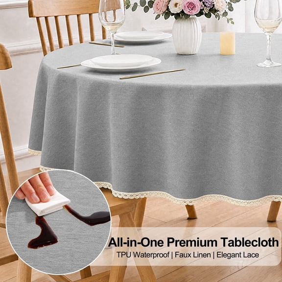 Inosoo Thick Faux linen Tablecloth, 60 inch Round TPU Waterproof & Oil Proof Wipe Clean Fabric Table Cover, Gray