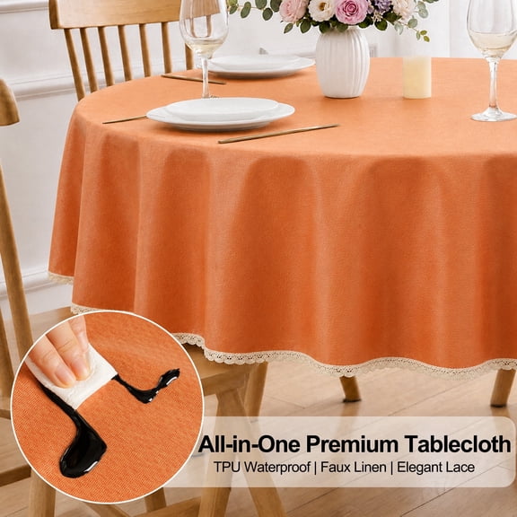 Inosoo TPU Waterproof Lace Tablecloth Round 60 Inch, Thick & Soft Oil Proof Wipe Clean Linen Table Cloth, Orange