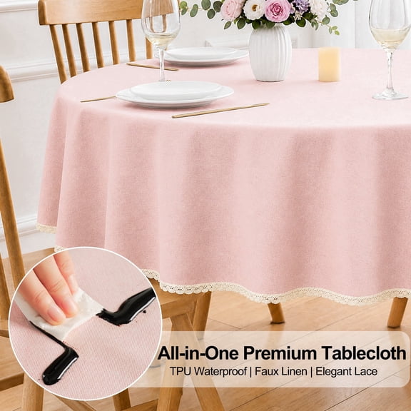 Inosoo TPU Waterproof Lace Tablecloth Round 60 Inch, Thick & Soft Oil Proof Wipe Clean Linen Table Cloth, Pink