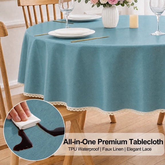 Inosoo TPU Waterproof Lace Tablecloth Round 60 Inch, Thick & Soft Oil Proof Wipe Clean Linen Table Cloth, Slateblue