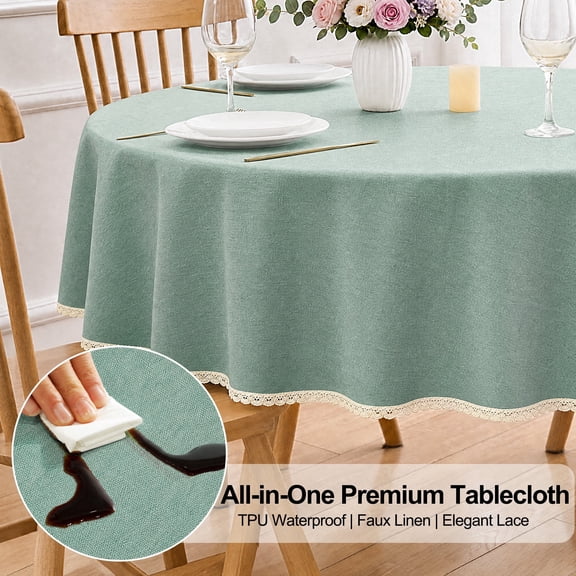 Inosoo TPU Waterproof Lace Tablecloth Round 60 Inch, Thick & Soft Oil Proof Wipe Clean Linen Table Cloth, lakeblue