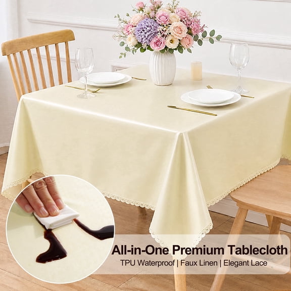 Inosoo TPU Waterproof Lace Tablecloth Square 52x52 Inch, Thick & Soft Oil Proof Wipe Clean Linen Table Cloth, Beige
