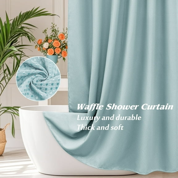 Inosoo Thick Fabric Shower Curtain, 72"x72" Heavy Duty Waffle Textured Cloth Curtains for Bathroom, Luxury Weighted Polyester Bath Curtain for Hotel, Fog Blue