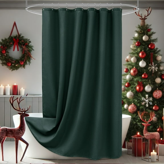 Inosoo Thick Waffle Textured Shower Curtain, 72"x72" Heavy Duty Fabric Shower Curtains, Luxury Weighted Polyester Cloth Bathroom Curtain for Hotel, Dark Green for Christmas Festive