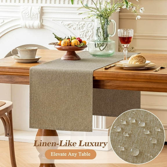 Inosoo Waterproof Table Runner, 13 x 48 Inch Decorative Linen-like Polyester Table Scarf, Easy Clean for Daily Use & Holiday Gatherings,Mocha Brown