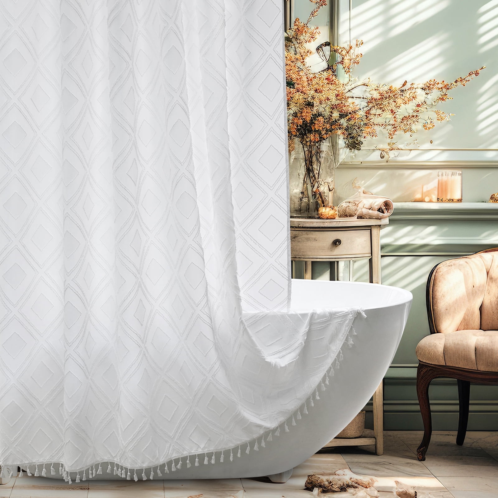 Inosoo White Boho Fabric Shower Curtain with Tassels, 72"x 72" Soft Tufted Chevron Striped Shower Curtain for Bathroom, Water-repellent
