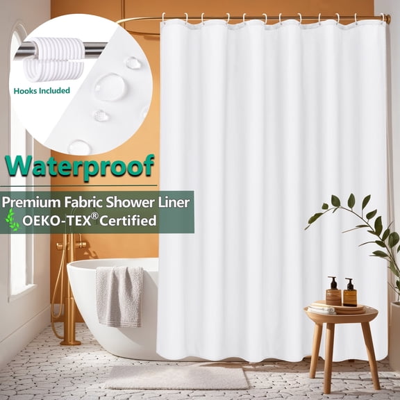 Inosoo White Fabric Shower Curtain Liner, 72"Wx66"H Short Shower Curtain Liner, Waterproof Polyester Cloth Shower Liner with Hooks