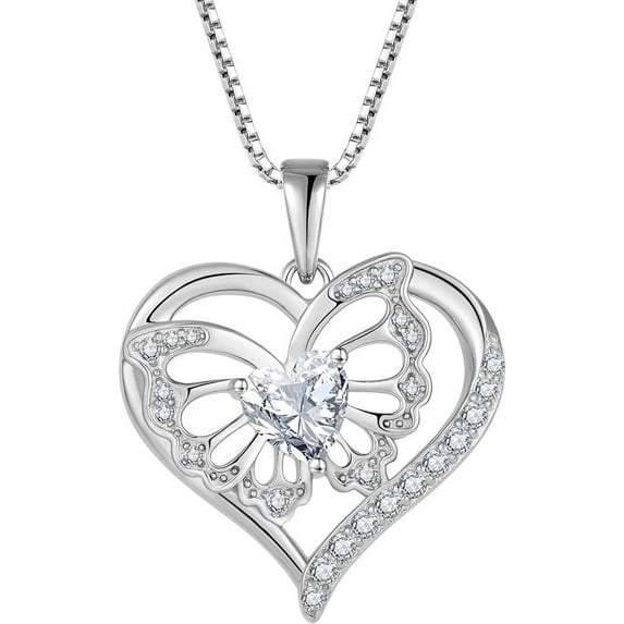 Inpasne Butterfly Necklace for Women 925 Sterling Silver Love Heart Necklace Birthstone Pendant Jewelry Gifts for Women Her Mom Wife Girlfriend Daughter Sister