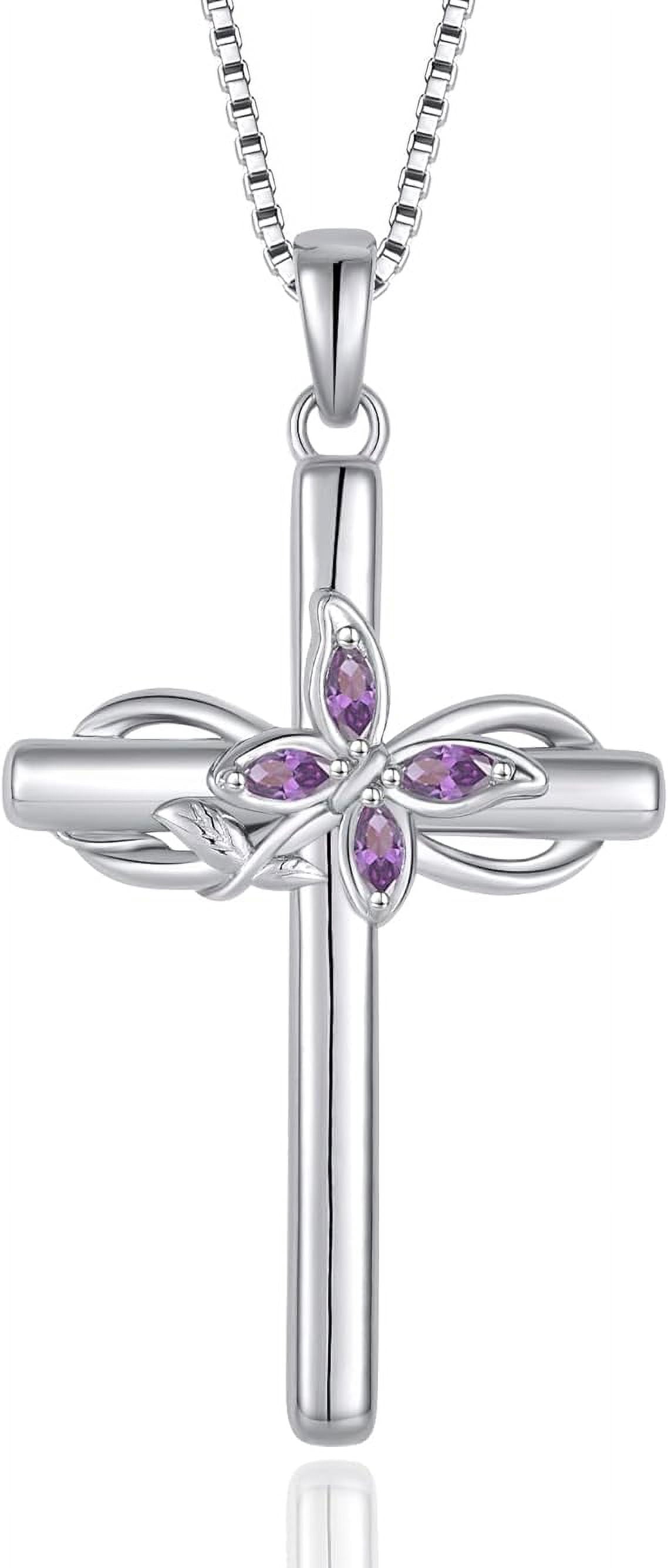 Inpasne Cross Necklace for Women 925 Sterling Silver Infinity Butterfly Amethyst Necklace February Birthstone Jewelry Gifts for Women Her Mom Wife Girlfriend Daughter