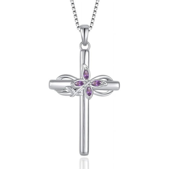 Inpasne Cross Necklace for Women 925 Sterling Silver Infinity Butterfly Amethyst Necklace February Birthstone Jewelry Gifts for Women Her Mom Wife Girlfriend Daughter