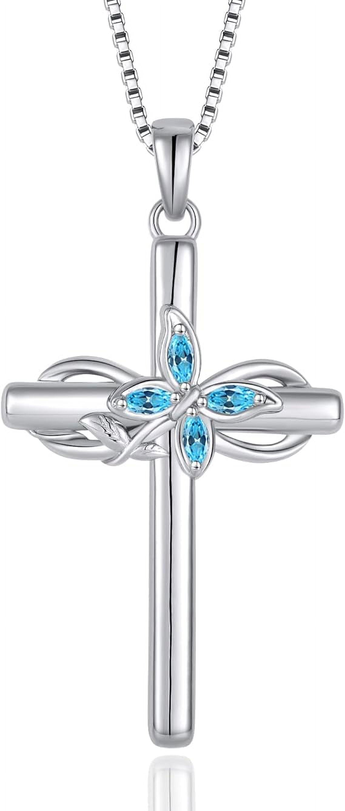 Inpasne Cross Necklace for Women 925 Sterling Silver Infinity Butterfly Aquamarine Necklace March Birthstone Jewelry Gifts for Women Her Mom Wife Girlfriend Daughter