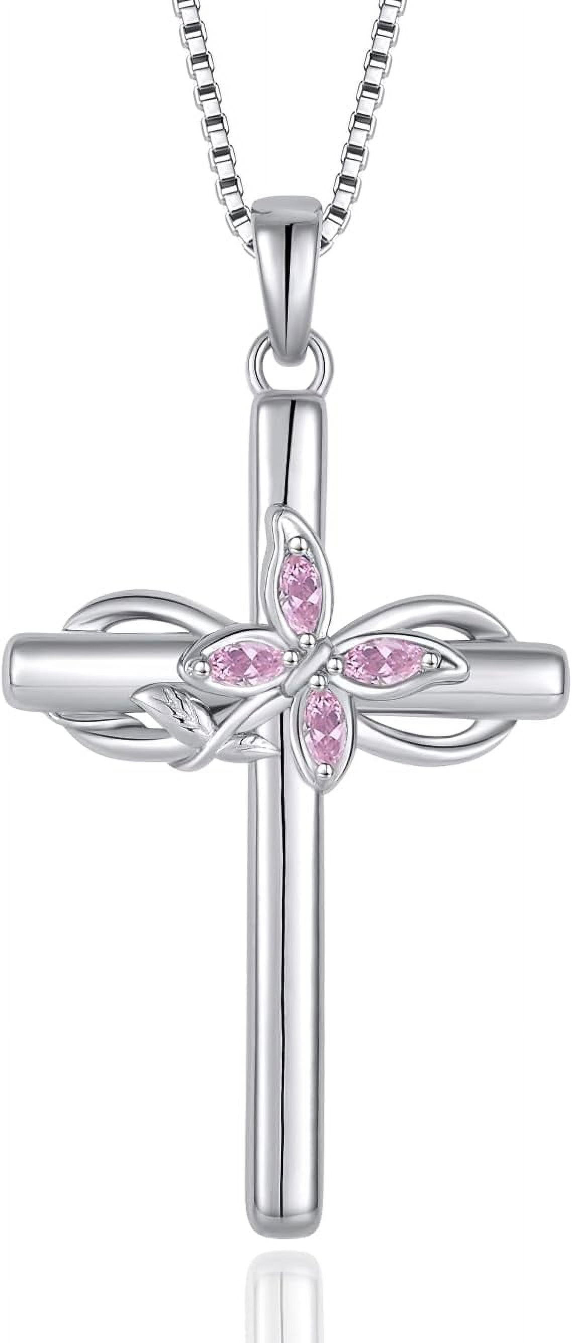 Inpasne Cross Necklace for Women 925 Sterling Silver Infinity Butterfly Pink Tourmaline Necklace October Birthstone Jewelry Gifts for Women Her Mom Wife Girlfriend Daughter