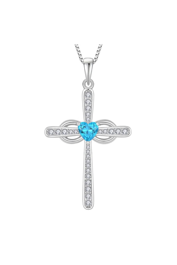 Infinity Cross Necklace for Women 925 Sterling Silver Heart Aquamarine Pendant March Birthstone Religious Jewelry Gifts for Her