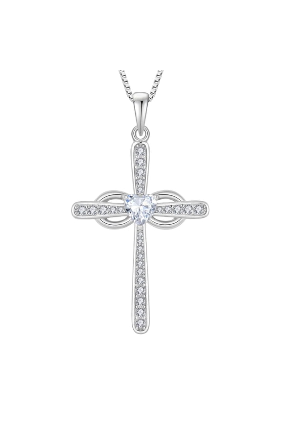 Infinity Cross Necklace for Women 925 Sterling Silver Heart Cubic Zirconia Pendant April Birthstone Religious Jewelry Gifts for Her
