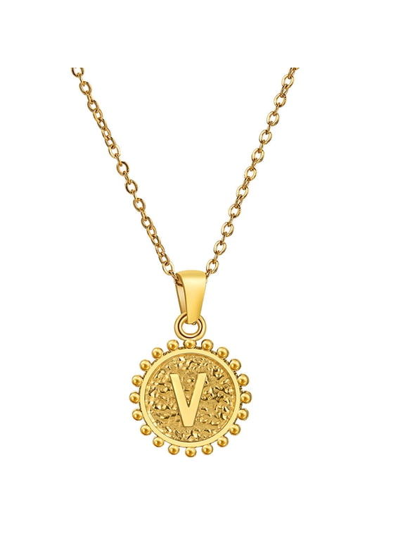 Inpasne Initial V Necklace For Women 18K Gold Plated Round Letter Pendant Necklace Capital Monogram Necklace Alphabets from A-Z Necklace