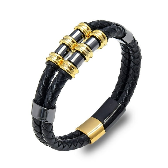 Inpasne Leather Bracelet for Men Multi-Layer Braided Leather Bracelet Stainless Steel Bangle Bracelet Wristband Jewelry Gifts for Men