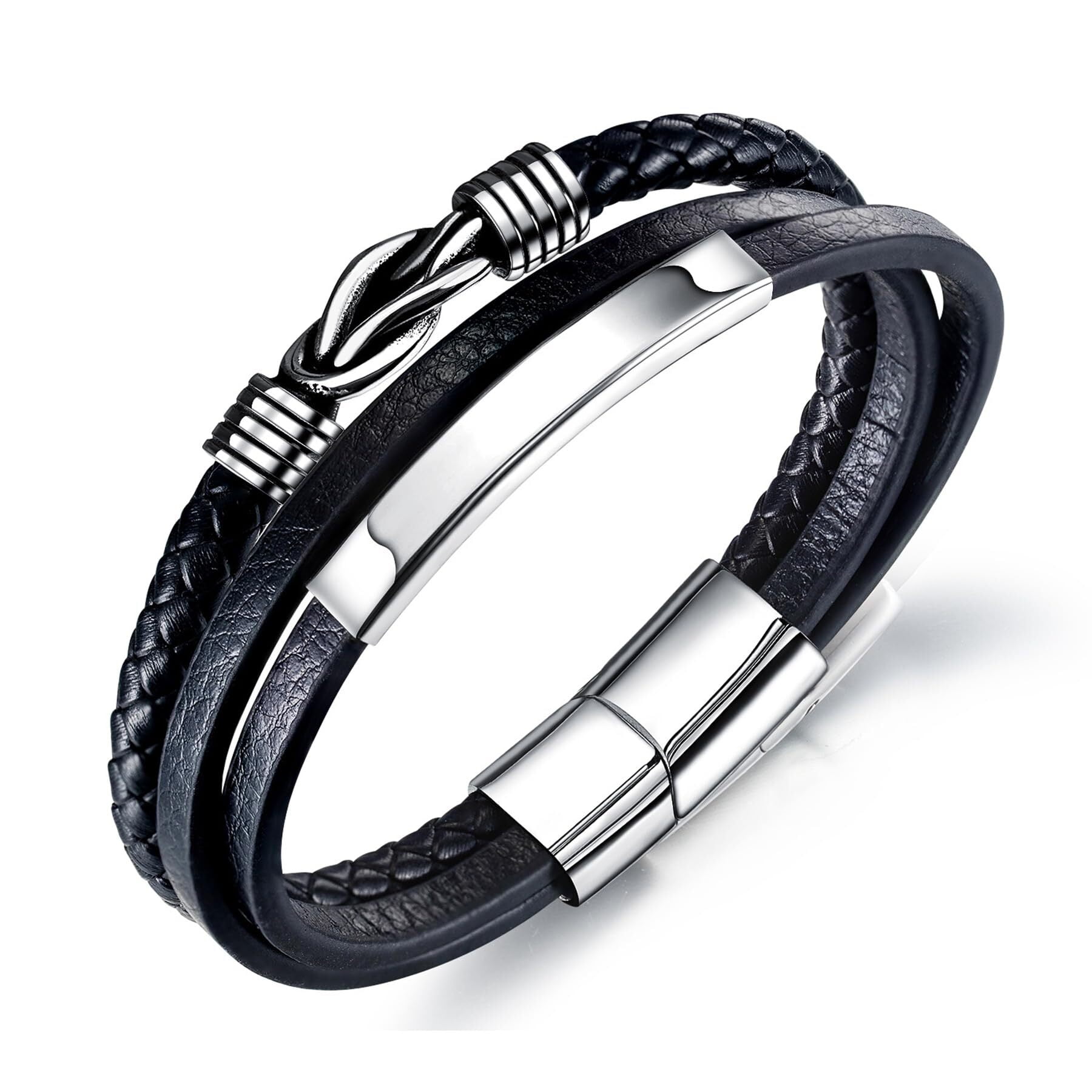 Inpasne Men's Leather Bracelet Braided Wristband Bangle Stainless Steel Bracelet Jewelry Gifts for Men Husband Dad