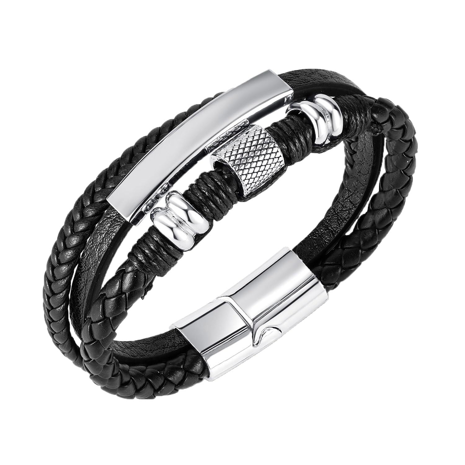 Inpasne Men's Leather Bracelet Braided Wristband Bangle Stainless Steel Bracelet Jewelry Gifts for Men Husband Dad