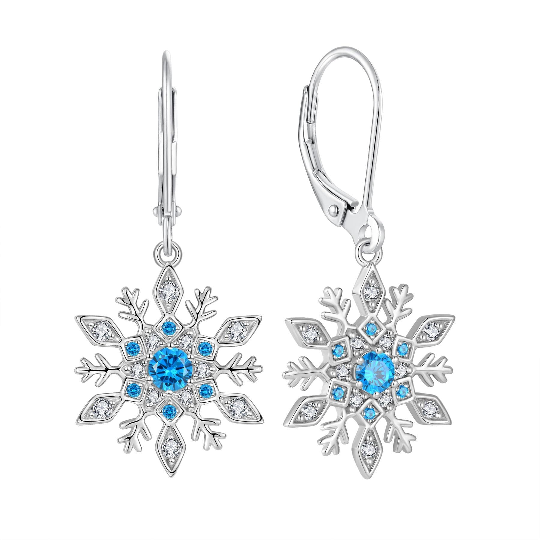 Inpasne Snowflake Earrings for Women 925 Sterling Silver Leverback Earrings Aquamarine Dangle Drop Earrings Christmas Gift for Her Mom