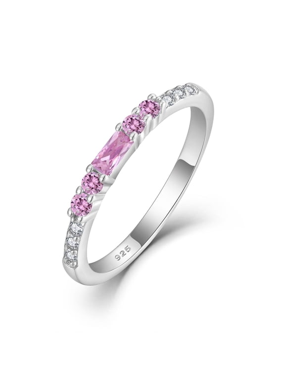 Stackable Eternity Ring for Women 925 Sterling Silver Baguette Cut Pink Tourmaline Ring October Birthstone Jewelry Gifts for Her Size 5
