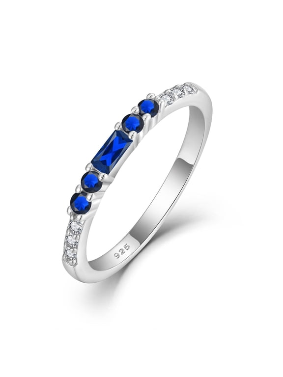 Stackable Eternity Ring for Women 925 Sterling Silver Baguette Cut Sapphire Ring September Birthstone Jewelry Gifts for Her Size 7