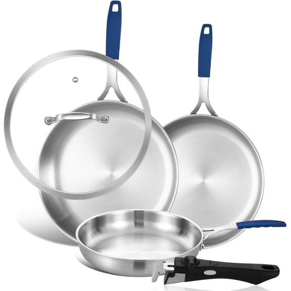 Inqibee Frying Pan Set with Lid Tri-Ply Stainless Steel,Detachable Handle,Induction Compatible 8.5-10-12 inch.