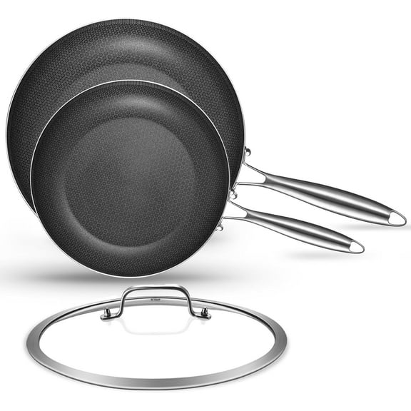 Inqibee 8.5-10 inch Hybrid Non Stick Tri-Ply Stainless Steel Frying Pan Set with Lid,Inductiong Cooking Pans Set of 2,Dishwasher and Oven Safe.