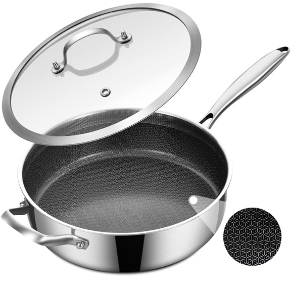 Inqibee Non Stick Sauté Pan with Lid Hybrid Tri-Ply Stainless Steel,Induction Compatible,Dishwasher and Oven Safe 5 QT.
