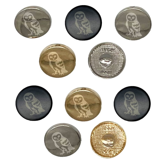 Inquisitive Barn Owl Set of 10 Metal 0.6" (15mm) Sewing Shank Round Buttons - Silver Color