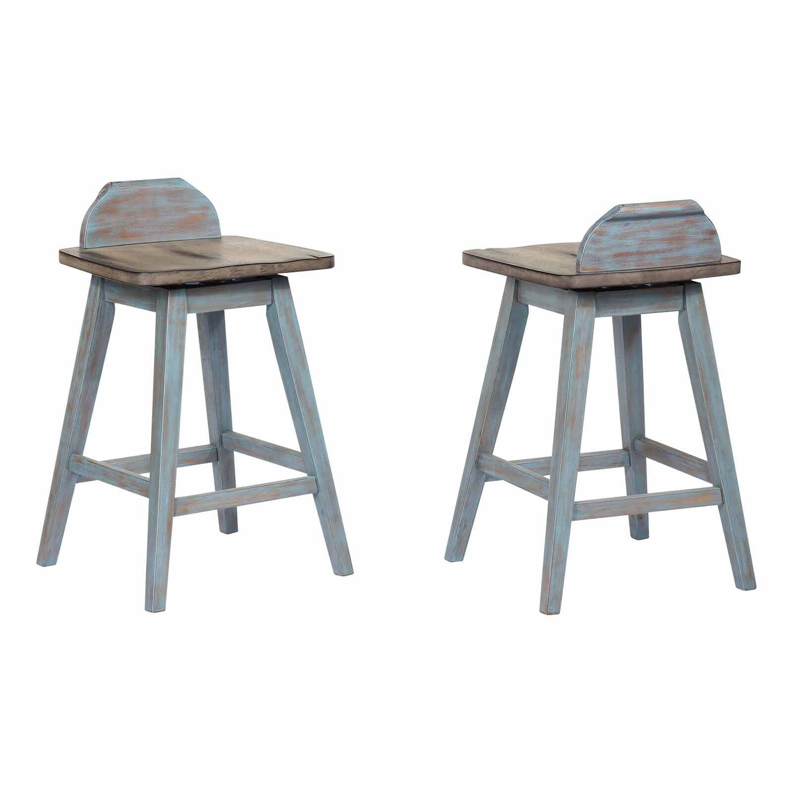 Rustic Blue and Gray Backless Wood Swivel Counter Stool