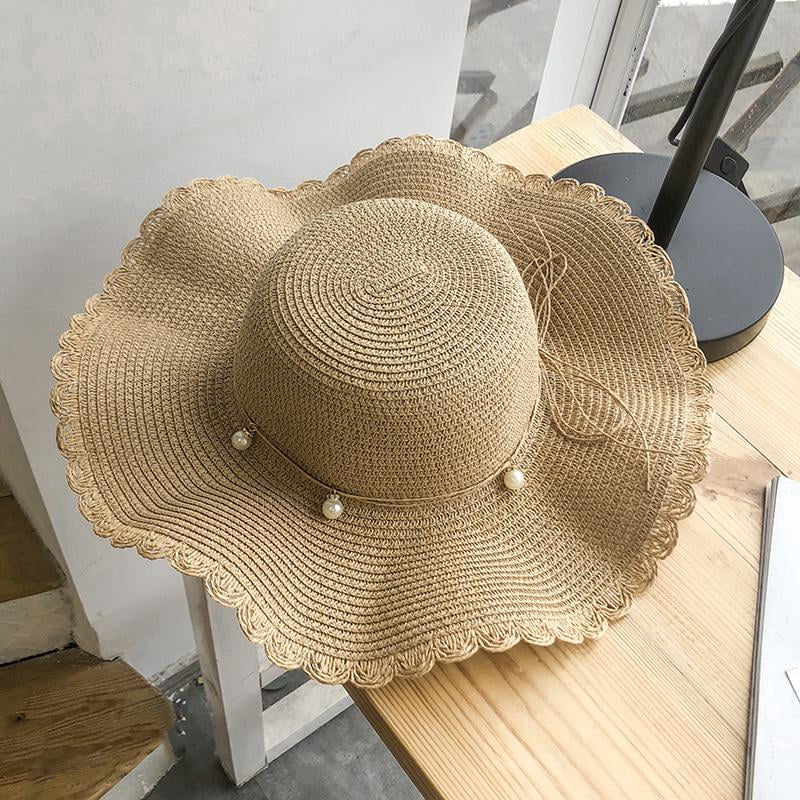 Spring Staw Hat Ins French Style Pearls Strap Straw Hat Spring Summer Wide Brim Folding ...