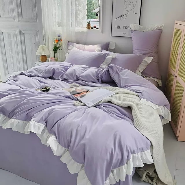 Ins Princess Style Bedding Set For Woman Cute Girl Solid Color Ruffles ...