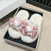 HONGLI Ins Same Style New Cartoon Hello Kitty Princess Style Plush Slippers Girl Heart Bow Tie Autumn and Winter Home Fur Slippers