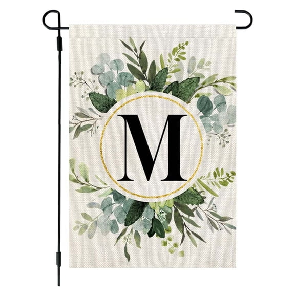 Ins Style 26 Letters Green Plant Garden Flag, Monogram Surname Initial Yard Flag, Linen Hanging Decor Flag, Seasonal Outdoor Banner for Courtyard Gate Lawn Patio Decoration