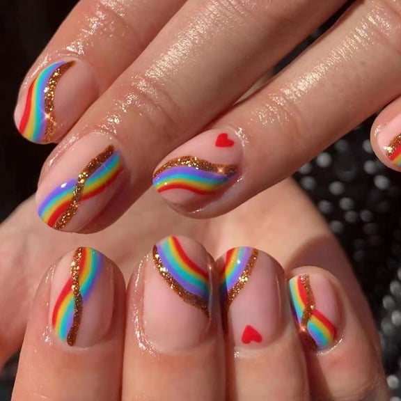 Ins Style Colorful Stripe Press On Nails, Short Transparent Nails with Sparkling Glitter Chips
