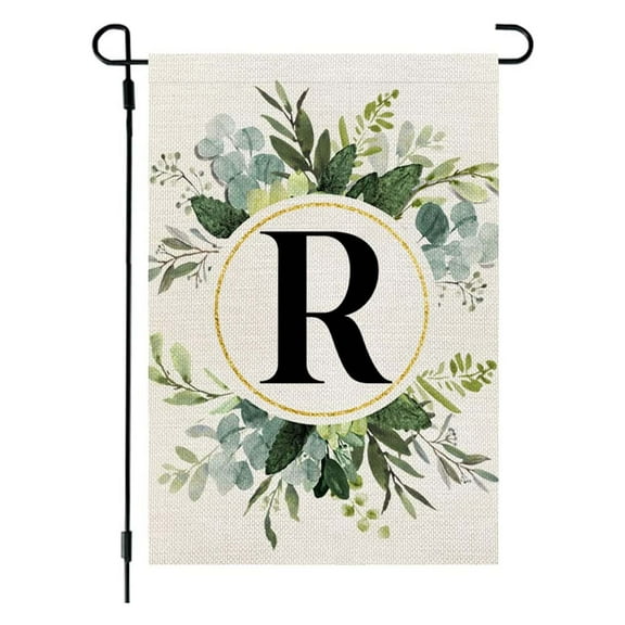 Ins Style Flax Garden Flag, 26 Letters Green Plant Printed Yard Flag, Custom Surname Initial Banner, Weatherproof Hanging Decorative Flag for Courtyard Gate Lawn Outdoor Decoration