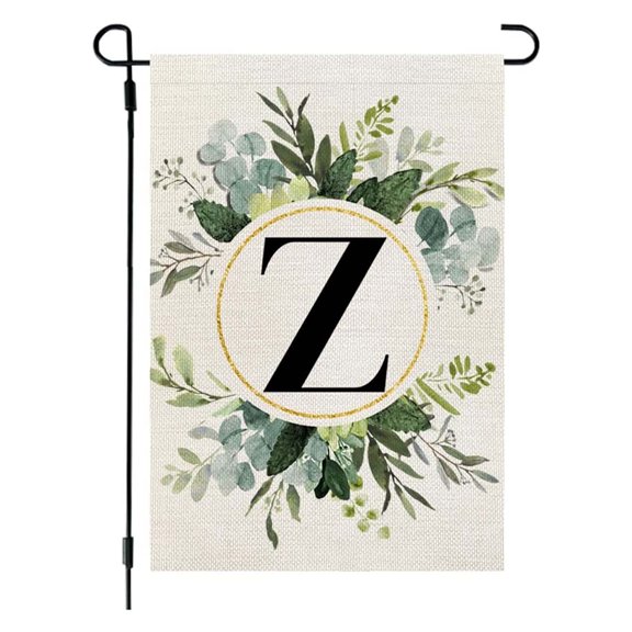 Ins Style Linen Garden Flag,26 Letters Green Plant Printed Yard Flag,Personalized Surname Initial Decorative Banner for Courtyard Gate Outdoor Lawn Patio Farmhouse Front Porch Landscape Hanging Decor