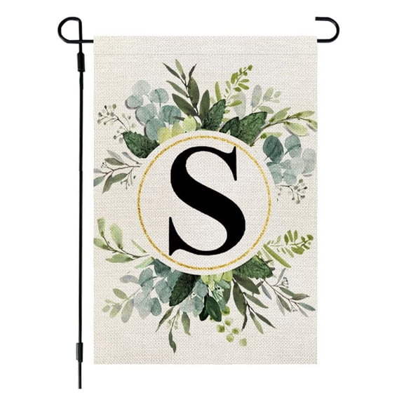 Ins Style Linen Garden Flag,26 Letters Green Plant Printed Yard Flag,Personalized Surname Initial Decorative Banner for Courtyard Gate Outdoor Lawn Patio Farmhouse Front Porch Landscape Hanging Decor
