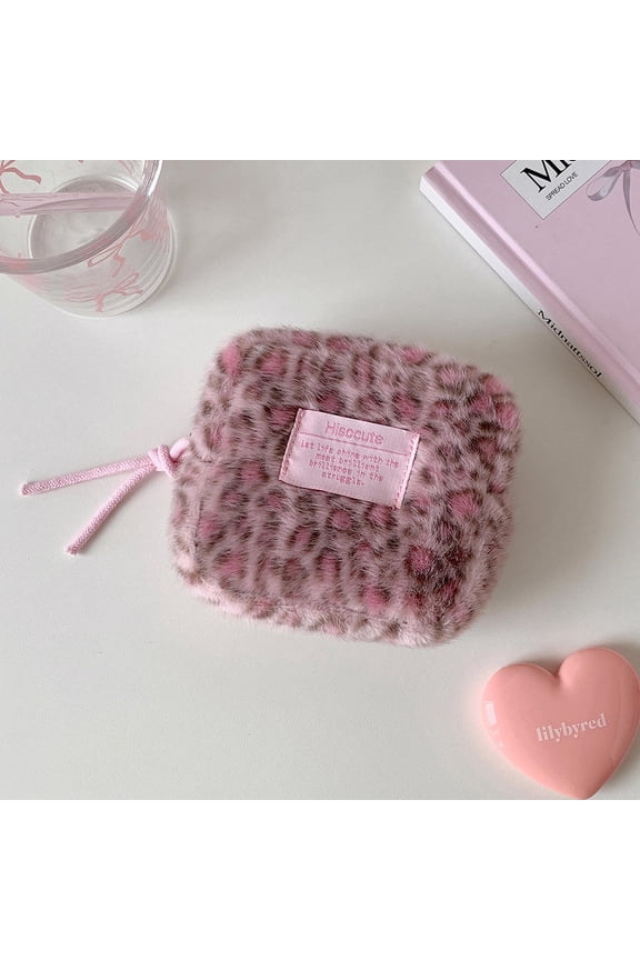 Ins Style Plush Leopard Print Cosmetic Bag Mini Portable Makeup Pouch Zipper Coin Purse Travel Storage Organizer For Women Girls