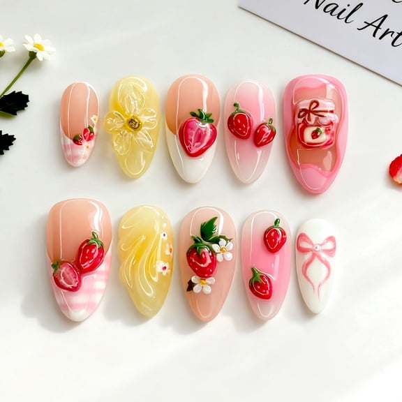 Ins Style Press-On Nails, 30 Pcs Almond Shape with 3D Cute Strawberries, Hand-Painted Art & Rhinestones, Premium DIY Manicure Kit for Women