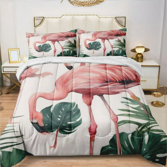 Ins Style Tropical Plants Flamingos (2) Comforter Set With 2 Pillowcases，3 Pcs Bedding For Adults Comforter Set For Bedroom Bed Decor Twin Size