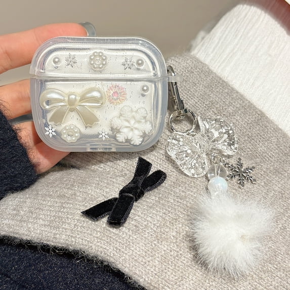 Ins bow pearl snowflake pendant earphone case for apple for For AirPods 3 2 1 pro 2nd 4 wireless bluetooth charging box cover (White,For airpods 3)