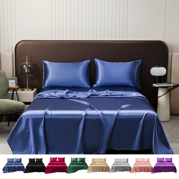 InsCray Silk Bed Sheet Set, Full Size Satin Fitted Bed Sheet with 2PC Pillow Cases, Summer Soft & Cool Solid Mattresss Cover Hotel Luxury Sheet, Deep Pocket Bed Sheet Pillow Cover 81 x 96"