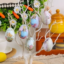 InsCrazy 6pc Easter Eggs with Easter Basket, Hanging Easter Decoration Woven Basket Painted Eggs Easter Eggs Basket Props Ornaments