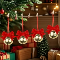 InsCrazy Christmas Bell Hanging Ornament 2.8in Christmas Tree Bells Ornaments Red Velvet Bowknots Wrought Iron Bells Festive Ambiance Decoration