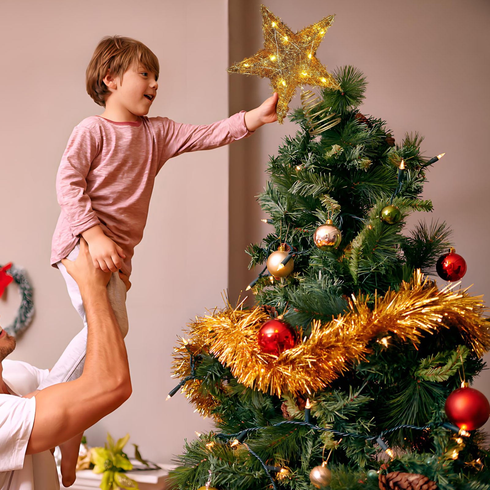 InsCrazy Christmas Star Tree Topper with LED Lights 9.8in/25cm Living Room Christmas Decoration Indoor Xmas Tree Top Ornaments for Christmas Party