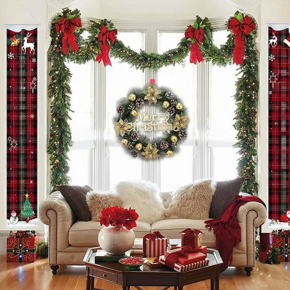 InsCrazy Christmas Wreath with Gold LED Lights Outdoor Decorations, Christmas Front Door Hanging Winter Wreath for Home Decor