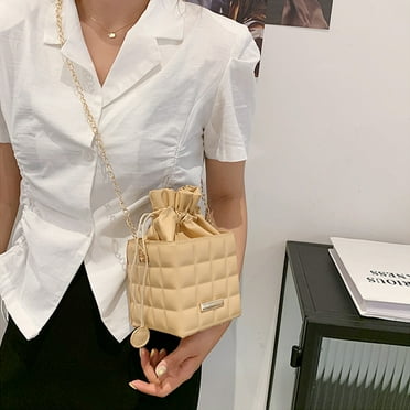 InsCrazy Crossbody Bag Sling Bag Fashion Leather Checker Pattern Drawstring Chain Shoulder Messenger Bag Casual Ladies Solid Color Small Handbags Purse Crossbody Bag for Women