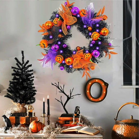 InsCrazy Halloween Decorations Wreath Black Decoration Halloween Wreath for Front Door Pre-lit Artificial Halloween Front Door Wreath for Indoor Outdoor Home Party Wreath with Light